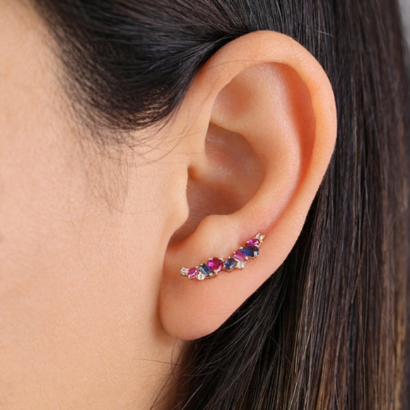 Solid 14K Yellow Gold Stone Medley Blue Sapphire, Ruby, & Clear CZ Earrings - Picture 2 of 3